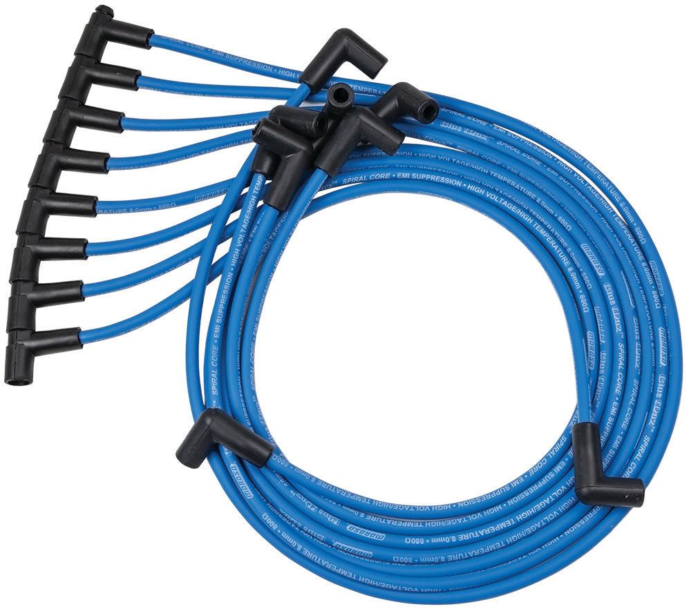 MOROSO 72520 Blue Max Ignition Wire Set for Small Block Chevy, 8 mm Spiral Core, Blue with 90 Degree Plug Boots