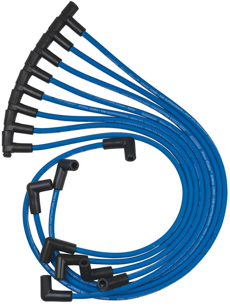 MOROSO 72522 Blue Max Ignition Wire Set for Small Block Chevy, 8mm Spiral Core, Blue with 90 Degree Plug Boots and HEI Style Terminals