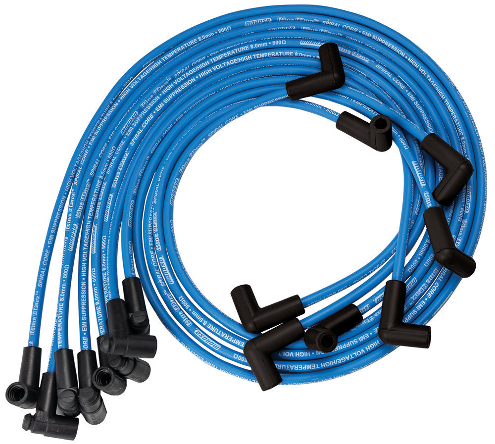 MOROSO 72561 Blue Max Ignition Wire Set for Small Block Chevy, 8 mm Spiral Core, Blue with 90 Degree Plug Boots and HEI Style Terminals