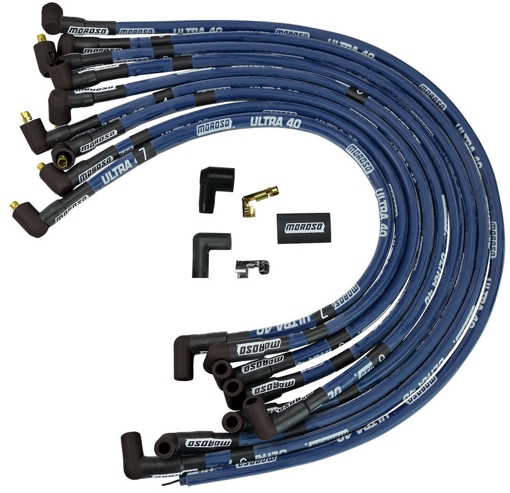 MOROSO 73600 Ultra 40 Spark Plug Wire Set with Spiral Core and Blue Sleeving for Small Block Chevy