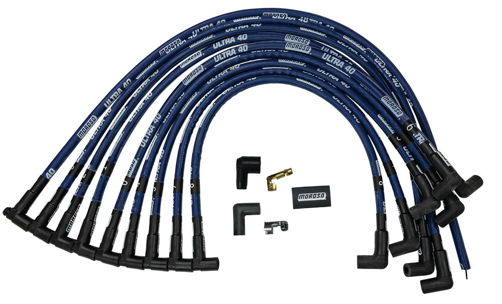 MOROSO Ultra 40 Spark Plug Wire Set with Spiral Core and 8.65mm Sleeved Blue Ignition Wires for Small Block Chevy