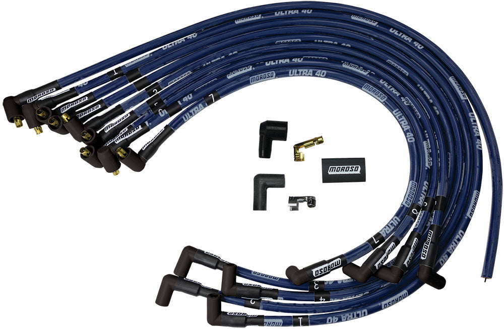 MOROSO 73605 Ultra 40 Spark Plug Wire Set with Spiral Core and Blue Sleeving for Small Block Chevy