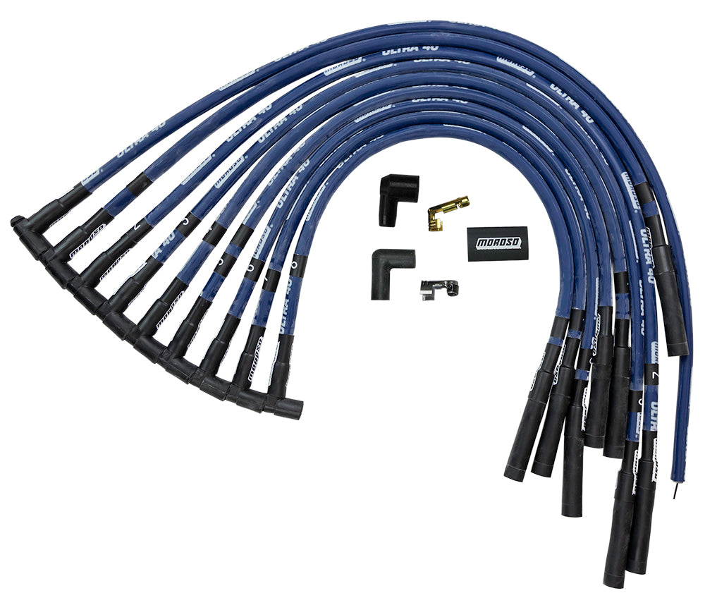 MOROSO 73615 Ultra 40 Spark Plug Wire Set for Big Block Chevy, Spiral Core, 8.65 mm, Sleeved, Blue, HEI Style Terminal, Over Valve Cover