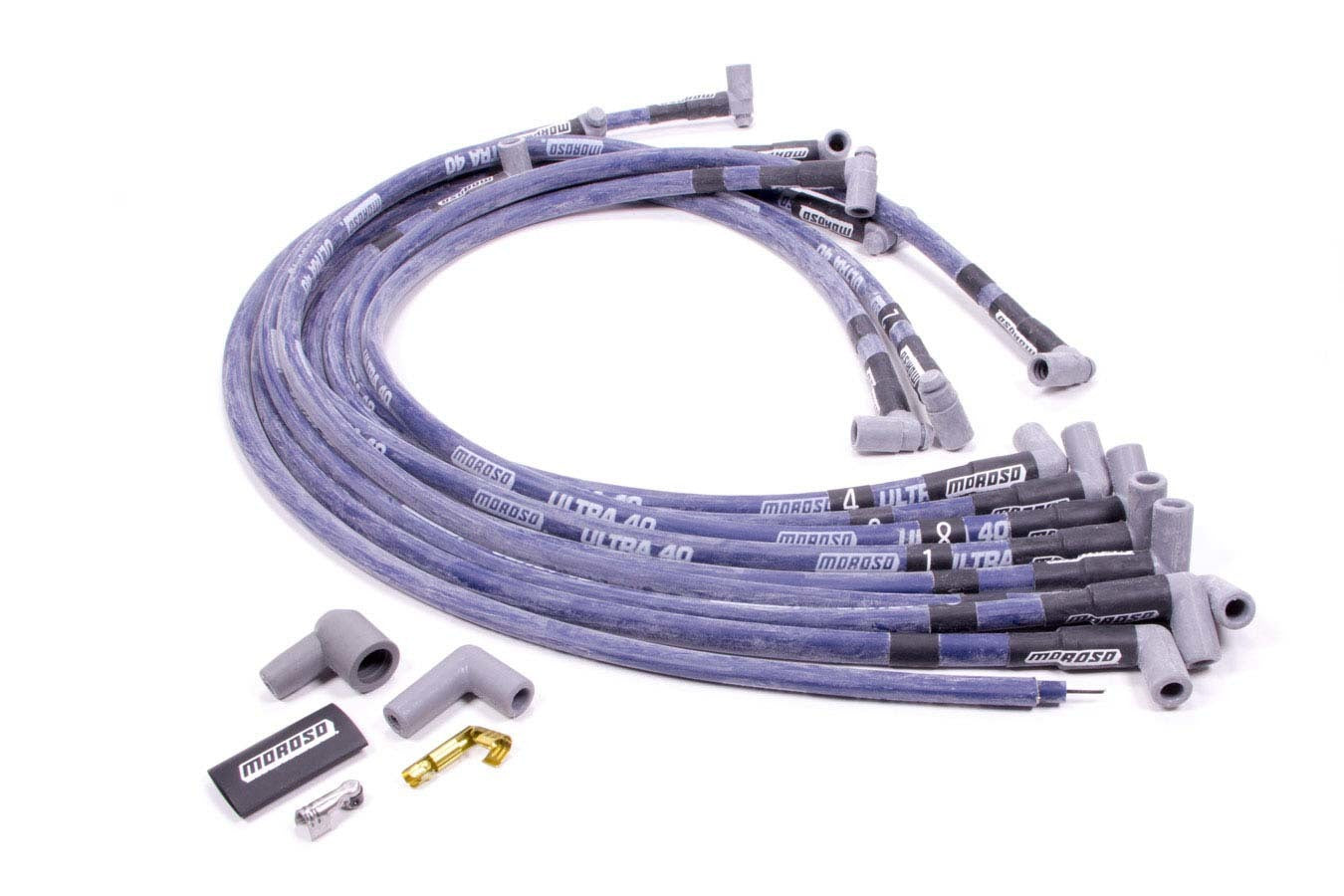 MOROSO 73616 Ultra 40 Spark Plug Wire Set with Spiral Core and Blue Sleeving for Big Block Chevy, 8.65 mm Diameter, 90 Degree HEI Style Boots