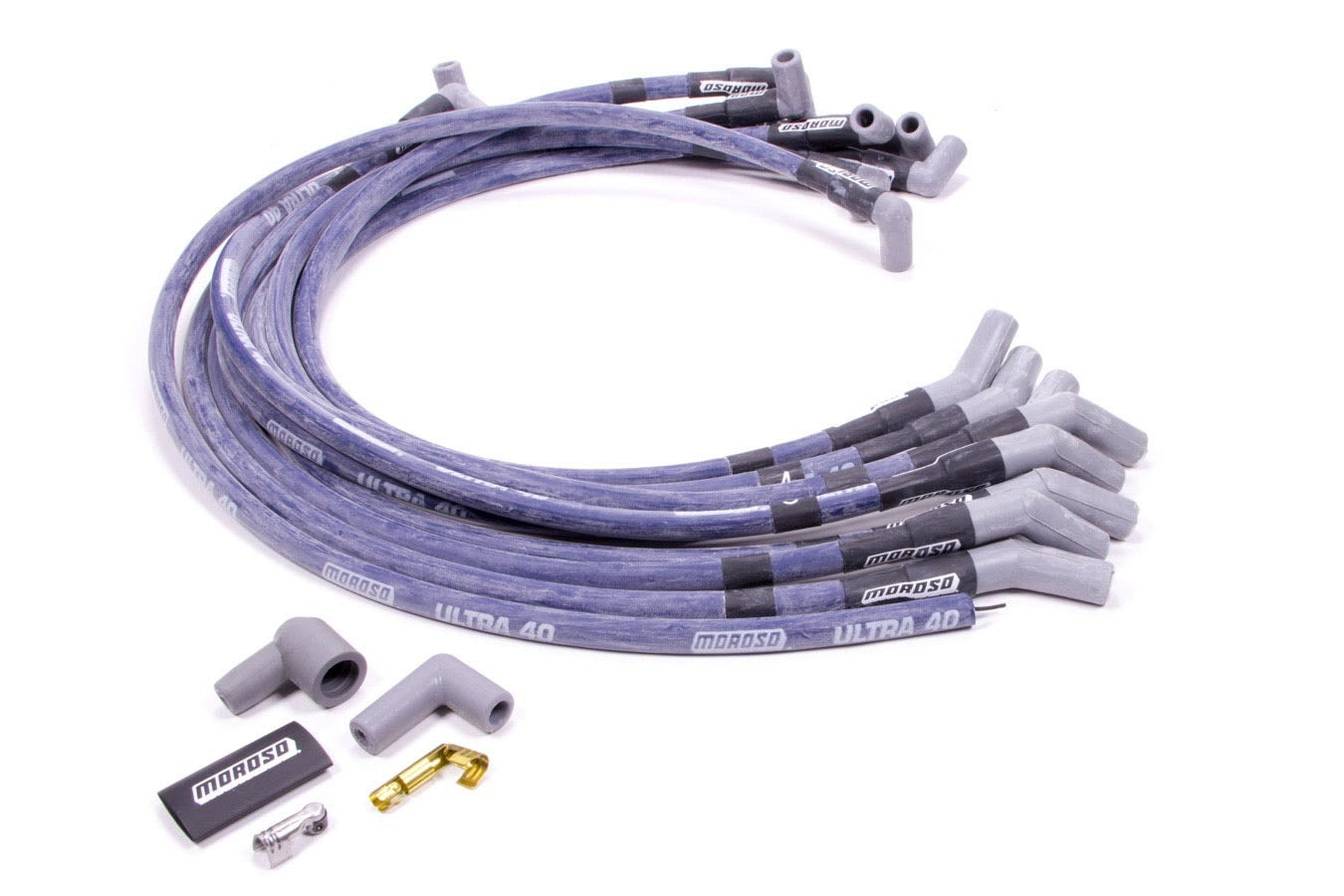 MOROSO 73626 Ultra 40 Spiral Core Spark Plug Wire Set for Small Block Ford, 8.65 mm Diameter, Blue Sleeved with 135 Degree HEI Terminals