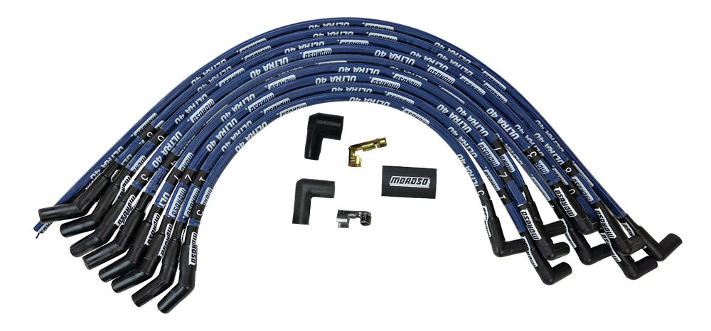 MOROSO 73628 Ultra 40 Spark Plug Wire Set for Big Block Ford, 8.65 mm Spiral Core, Sleeved, Blue, 135 Degree Plug Boots, HEI Style Terminal