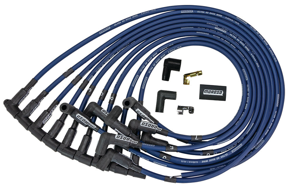 MOROSO Ultra 40 Plug Wire Set BBC HEI 8.65 mm Spiral Core Blue with 90 Degree Plug Boots