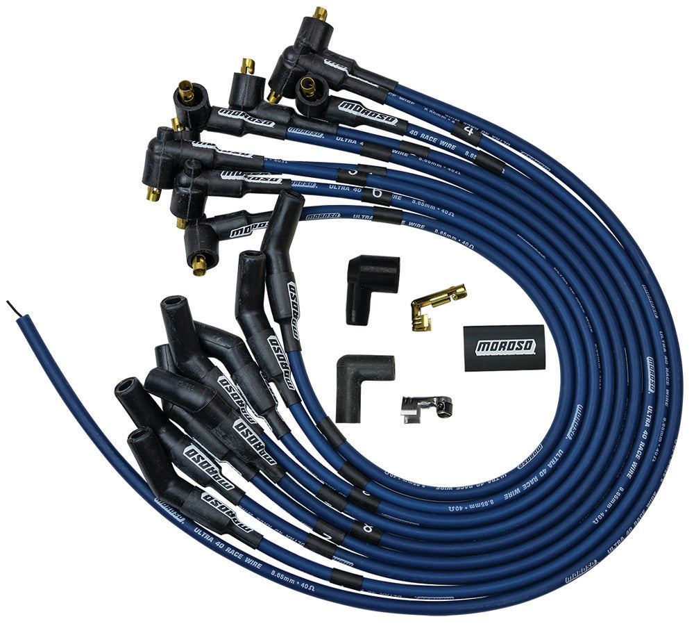 MOROSO Ultra 40 Spark Plug Wire Set for Small Block Ford 302, Spiral Core, 8.65 mm, Blue, Cut-To-Fit, 45 Degree Plug Boots