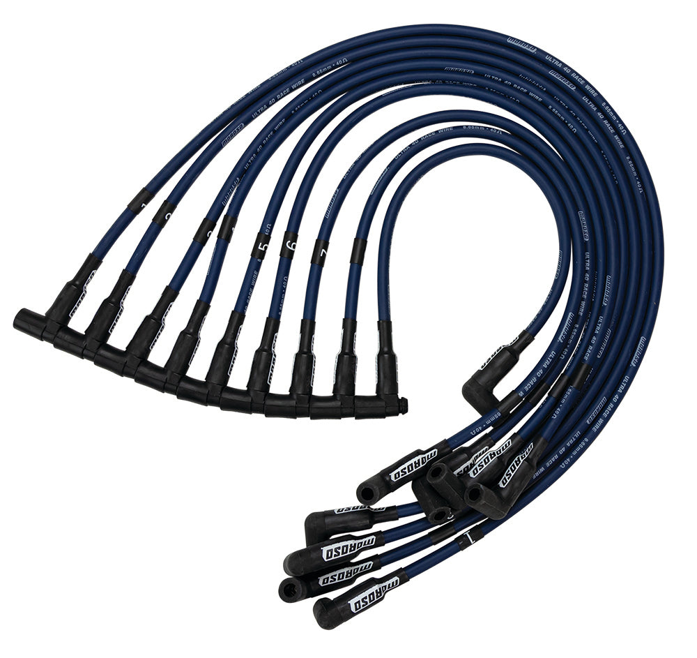MOROSO Part 73677 Ultra 40 Spark Plug Wire Set for SBC Sprint Car, Blue, 8.65 mm Spiral Core, 90 Degree Plug Boots, HEI Style Terminal
