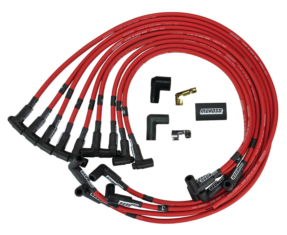 MOROSO 73686 Ultra 40 Spiral Core Spark Plug Wire Set for Small Block Chevy, Red, 8.65mm, 90 Degree Plug Boots, HEI Style Terminals