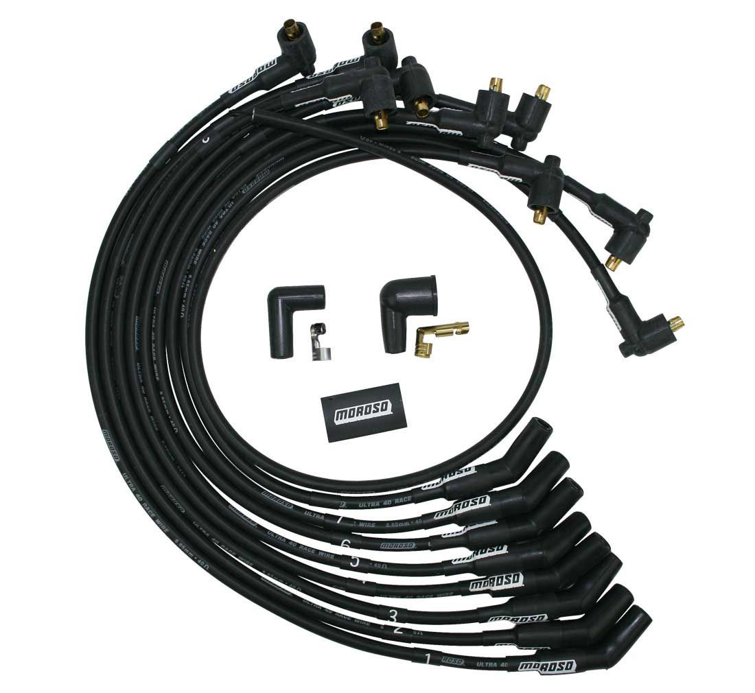 MOROSO 73719 Ultra 40 Spark Plug Wire Set for Small Block Ford, 8.65mm Spiral Core, Black, 135 Degree Plug Boots, Socket Style Terminals