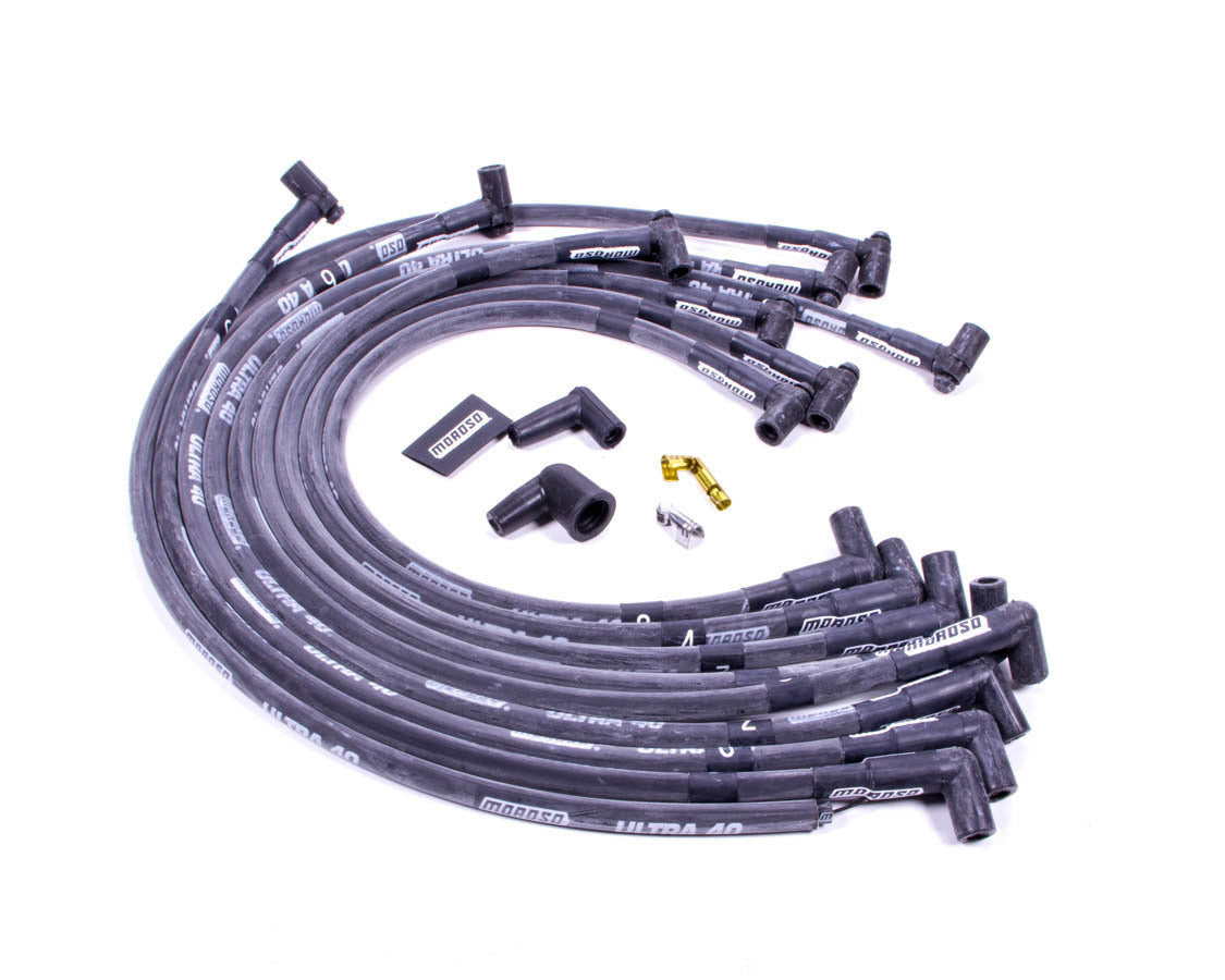 MOROSO 73817 Ultra 40 Spark Plug Wire Set with Spiral Core, 8.65 mm Sleeved, Black, 90 Degree HEI Style Terminal, Over Valve Cover Fit for Small Block Chevy