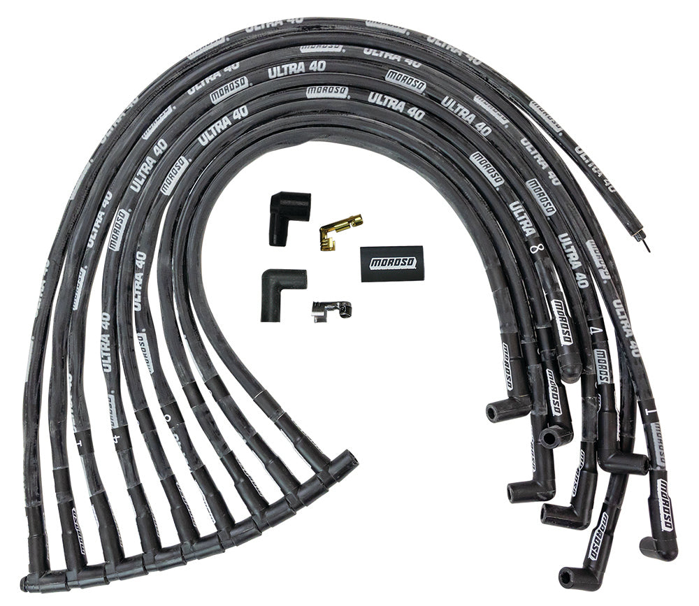 MOROSO 73820 Ultra 40 Spiral Core Spark Plug Wire Set for Big Block Chevy, 8.65 mm Sleeved Black with 90 Degree HEI Boot and Under Header Design