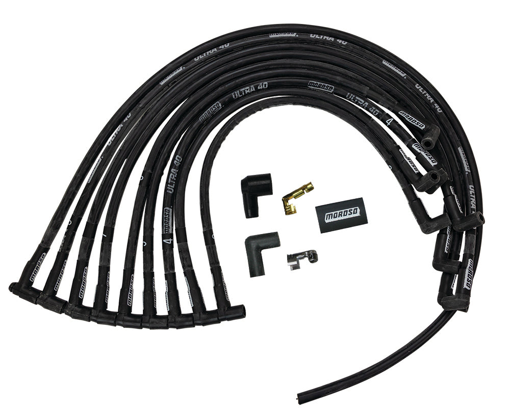 MOROSO Ultra 40 Spark Plug Wire Set for Small Block Chevy with Jesel Drive Distributor, Spiral Core, 8.65mm, Black, 90 Degree Boot, HEI Style Terminal