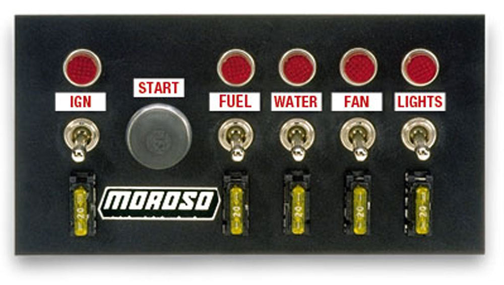 MOROSO 74131 Drag Race Panel with Five Toggle Switches and One Momentary Button, Dash Mount, Black Finish