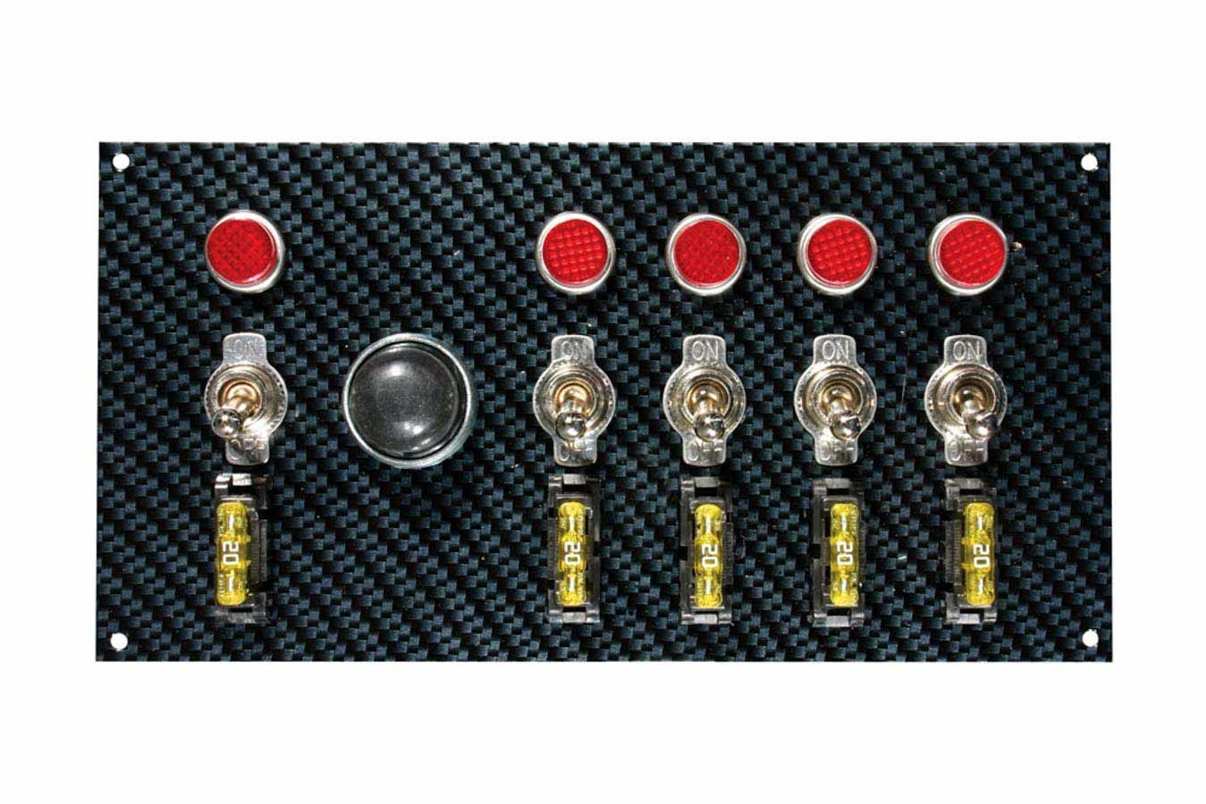 MOROSO 74139 Fiber Design Switch Panel with Indicator Lights, 7.75 x 4 Inches, Black Carbon Fiber Look, 5 Toggle switches and 1 Momentary Button