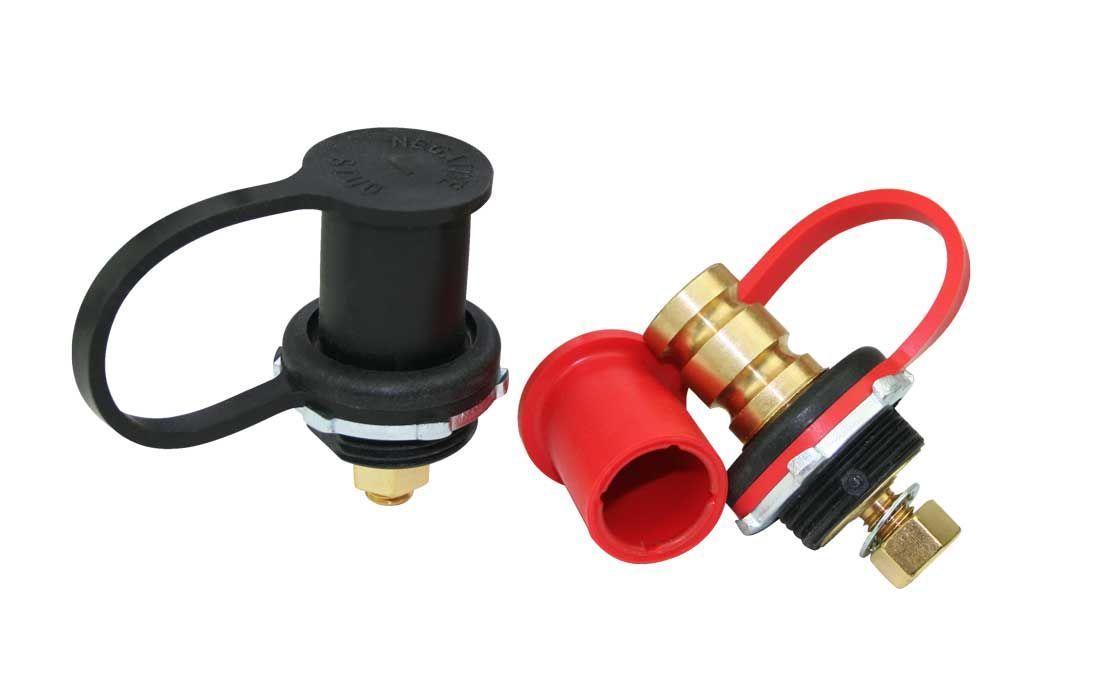 MOROSO Remote Battery Jumper Terminal Set Part 74140, Brass, 1.281 Inch Hole Diameter, 3/8-16 Inch Stud, Black and Red Rubber Cap, Pair