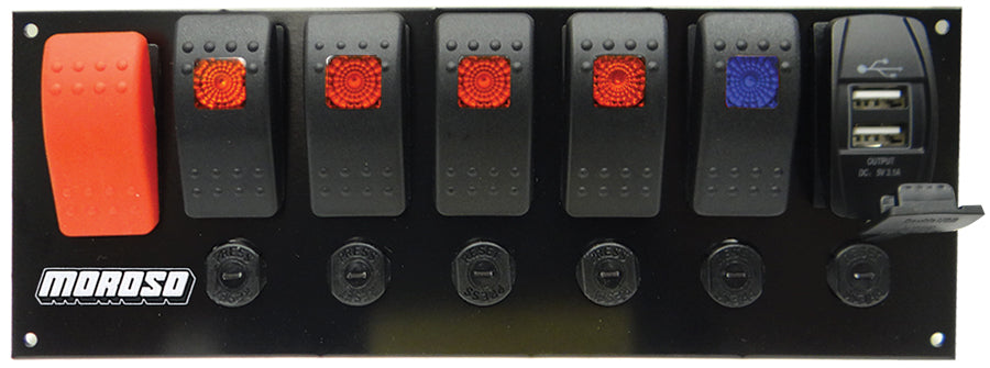 MOROSO 74194 Rocker LED Switch Panel with Breakers and Dual USB Ports for Dashboard Mounting