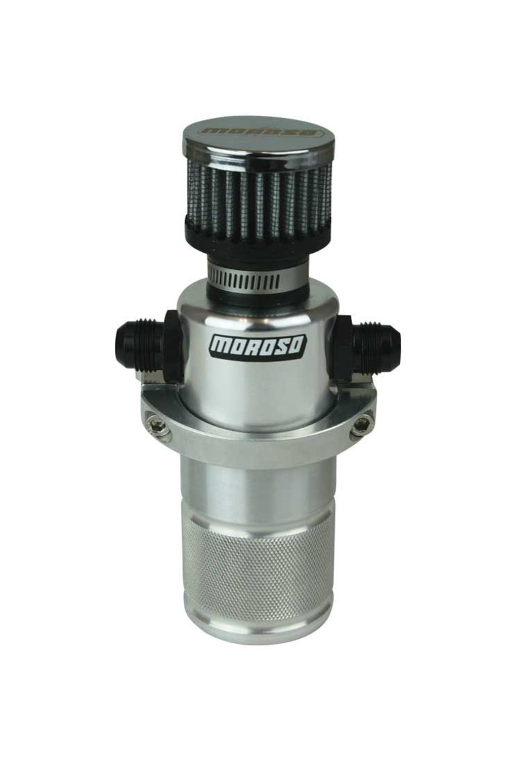 MOROSO 85396 Compact Breather Tank Aluminum Polished 2.25 Inch Diameter x 7 Inch Tall with Dual 8 AN Female Inlet and 8 AN Male Adapters