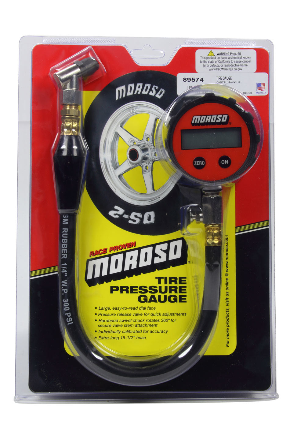 Moroso 89574 Digital Tire Pressure Gauge, 0-15 PSI, Backlit Display, 2-5/8 Inch Diameter, Red Face