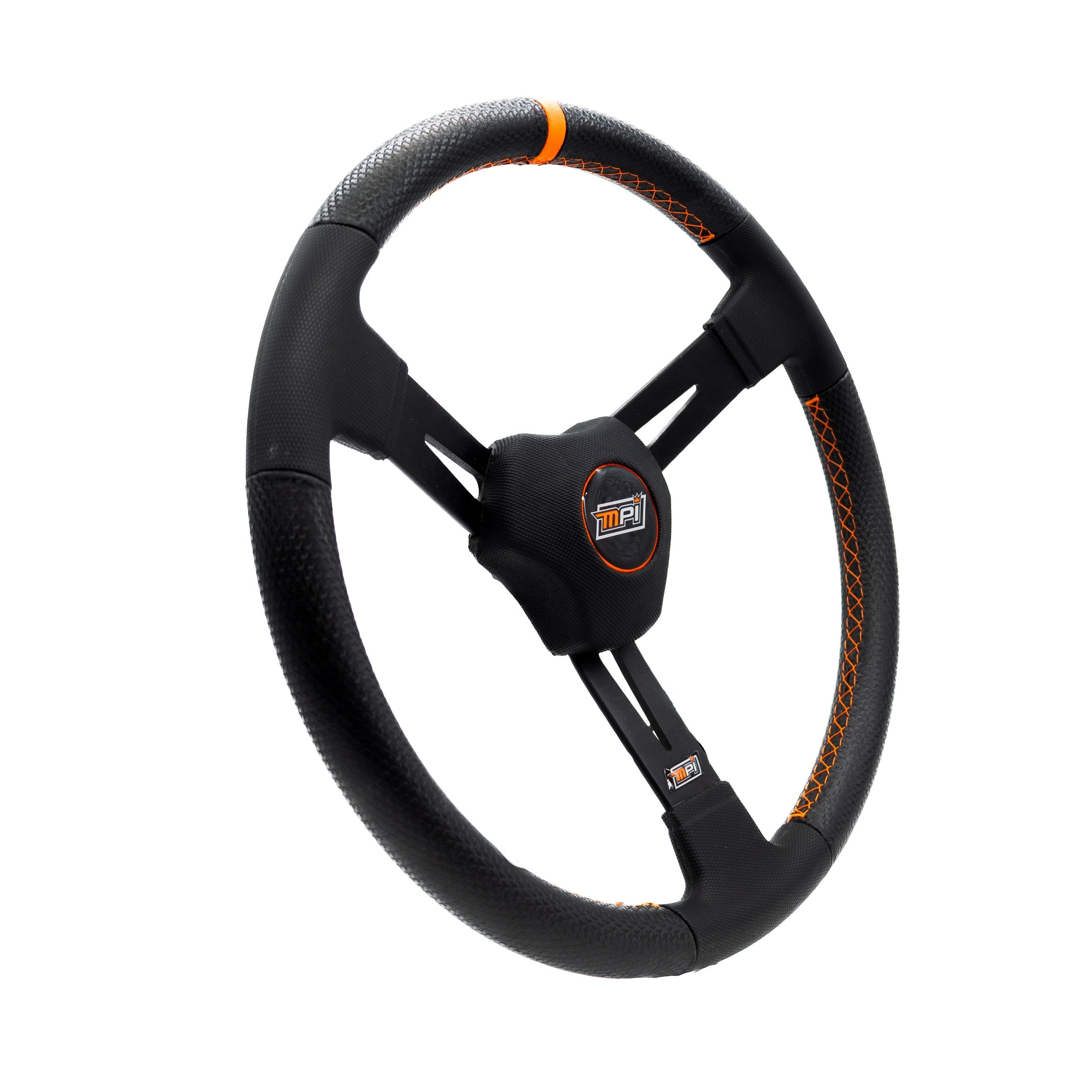 MPI USA MPI-DM3-15 Dirt Racing Steering Wheel, 15 Inch Diameter, 3-Spoke Design with Black Foam Grip and Orange Stripe, Aluminum Construction