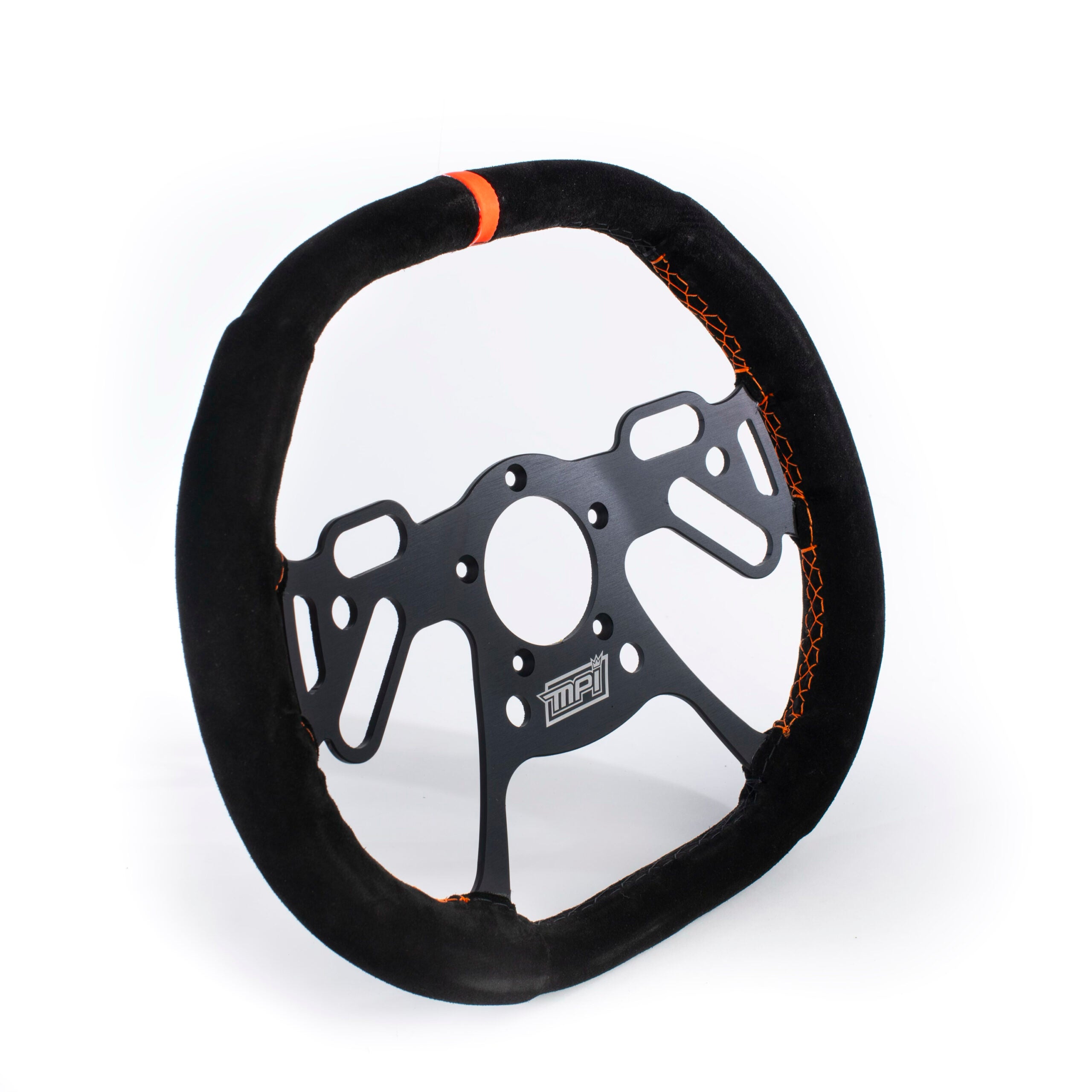 MPI USA MPI-DRG2-13-SQD Drag Race Steering Wheel, 13 Inch Diameter, Flat Top and Bottom, 4-Spoke Design, Black Suede Grip with Orange Stripe, Aluminum Construction, Black Anodized Finish