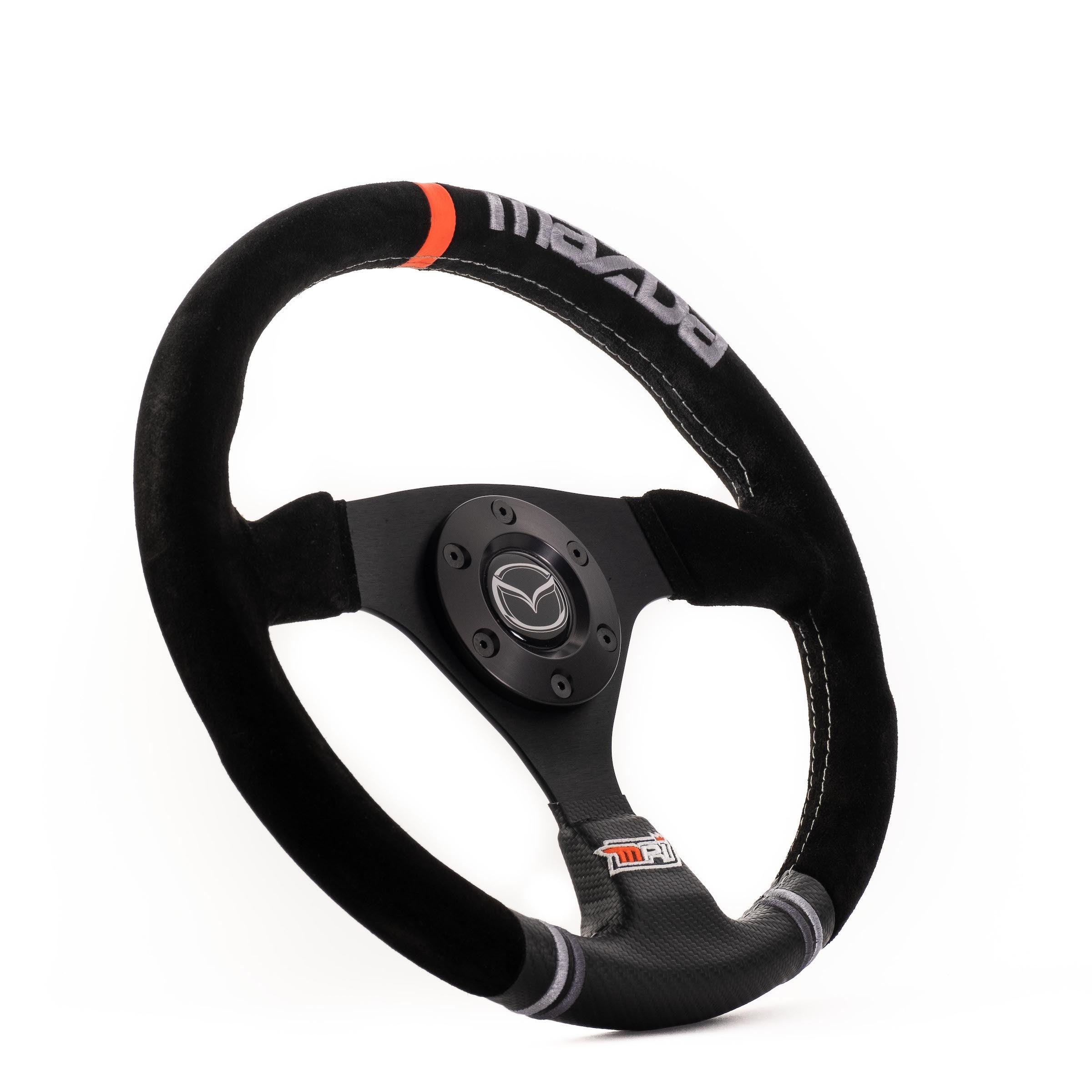 MPI USA MPI-F-13-MZD3 Racing Steering Wheel with Black Suede Grip and Orange Stripe, 12.75 Inch Diameter, 3-Spoke Aluminum Construction