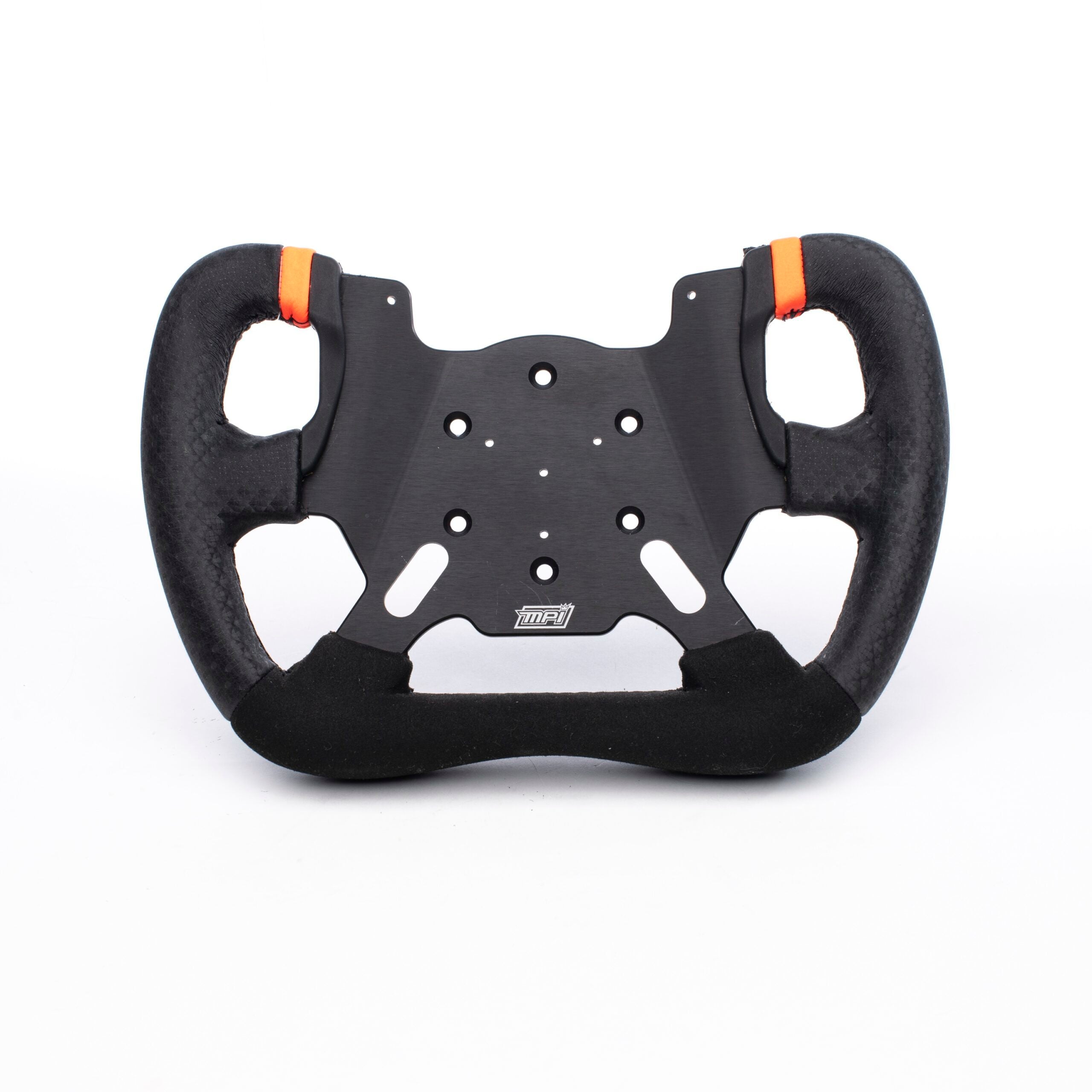 MPI USA MPI-GT-RA-280 Open Top Formula Prototype Steering Wheel, 11 Inch Diameter, Flat, 4-Spoke, Black Alcantara Grip with Orange Stripes, Aluminum with Black Anodized Finish