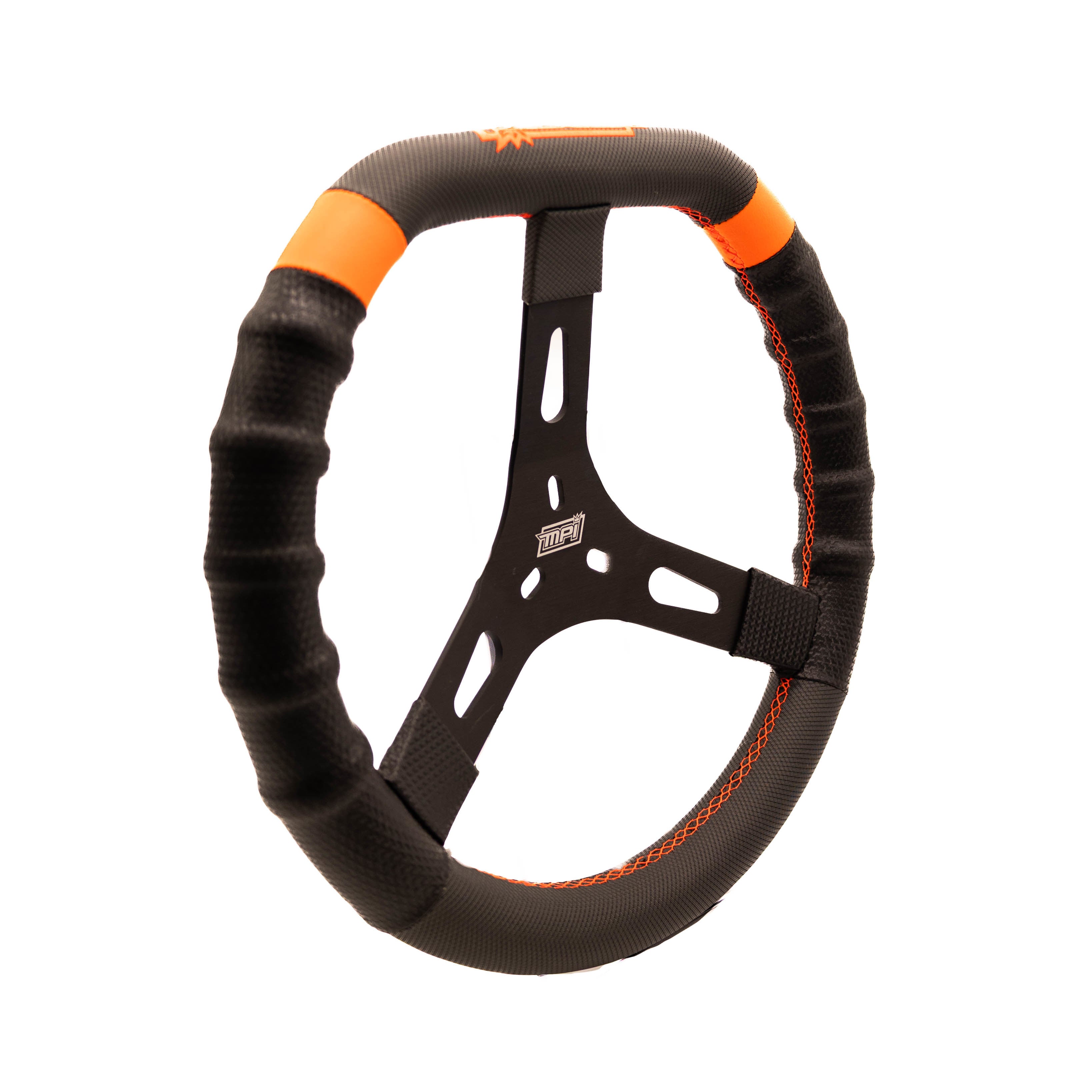 MPI USA MPI-KD2-13 Dirt Karting and Mini Outlaw Steering Wheel, 13-Inch Diameter, D-Shape, 2-Inch Dish, Black Synthetic Grip with Orange Stripes, Aluminum, Black Anodized Finish