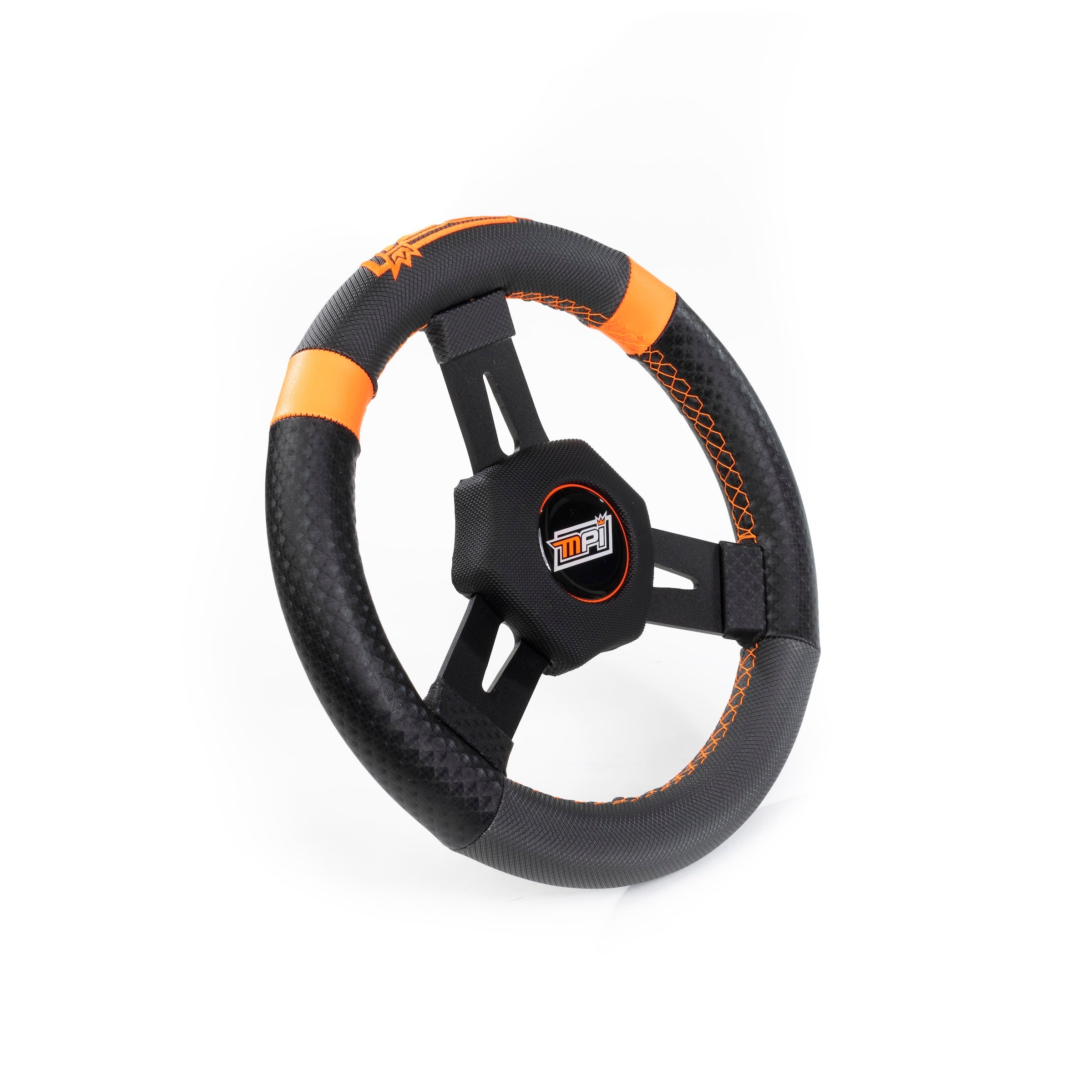 MPI USA MPI-KQR-11 Quarter Midget Steering Wheel with 10.75 Inch Diameter, 3-Spoke Design, Black Synthetic Grip with Orange Stripes, Aluminum Construction, Black Anodized Finish