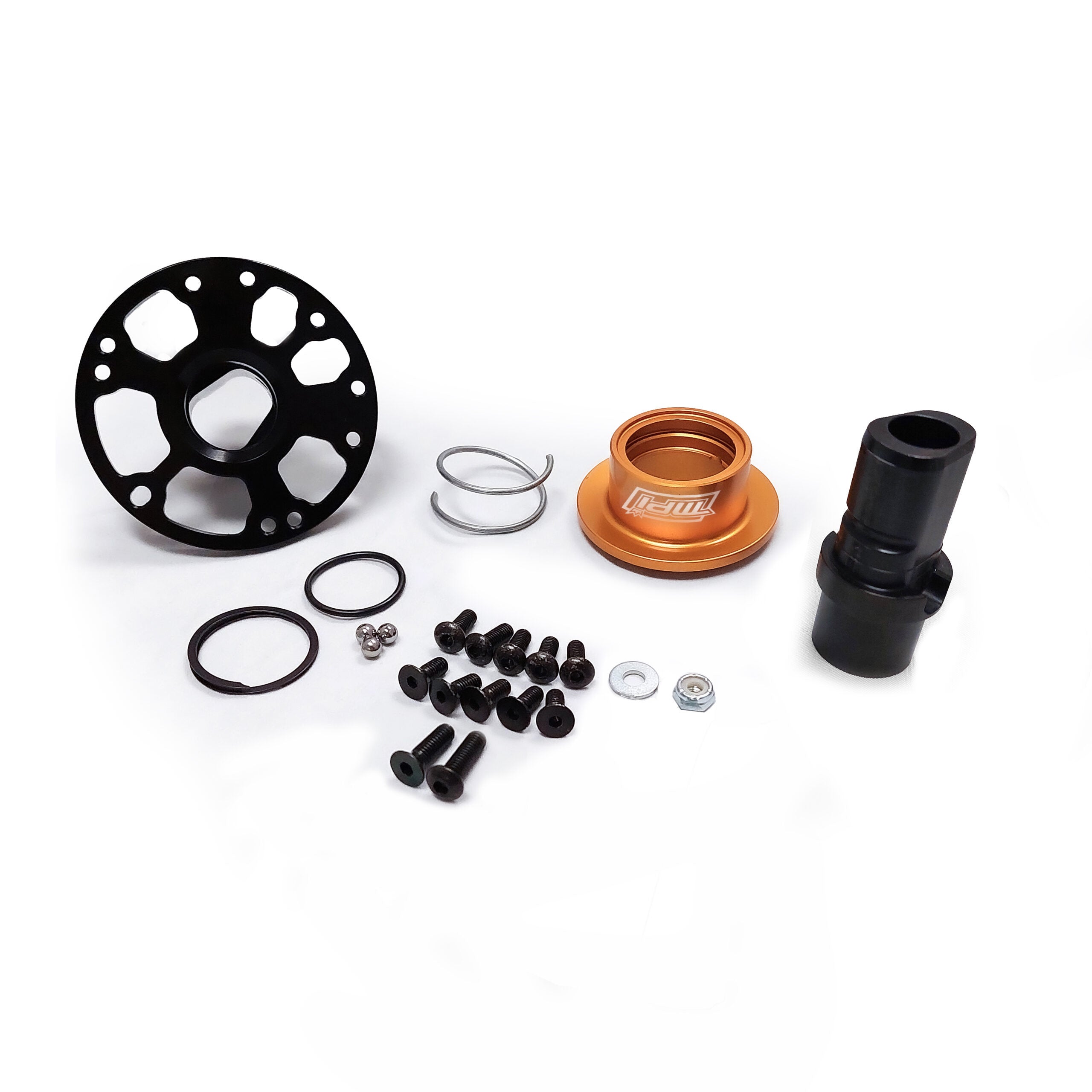 MPI USA Quick Release 5 and 6 Bolt Pattern Weld-On Steering Wheel Adapter, Aluminum, Black and Orange Anodized, 360 Degree Release
