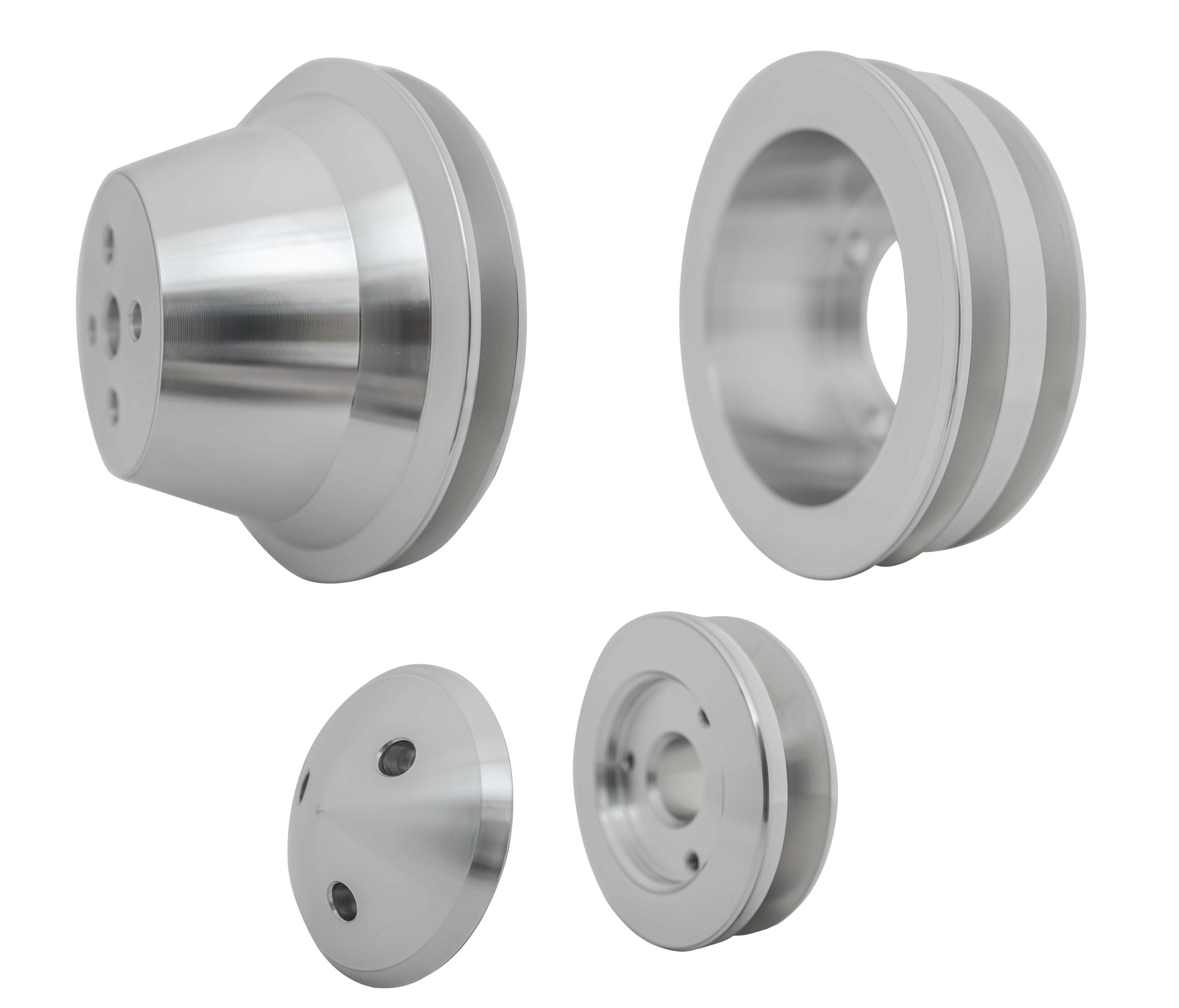 March Performance SB Ford 3 Piece Pulley Set with Aluminum 2-Groove V-Belts and Clear Powder Coat Finish