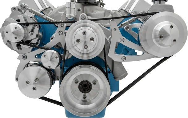 March Performance Ford FE Series Ultra Serpentine Pulley Kit with Air Conditioning, 6-Rib Aluminum with Clear Powder Coat