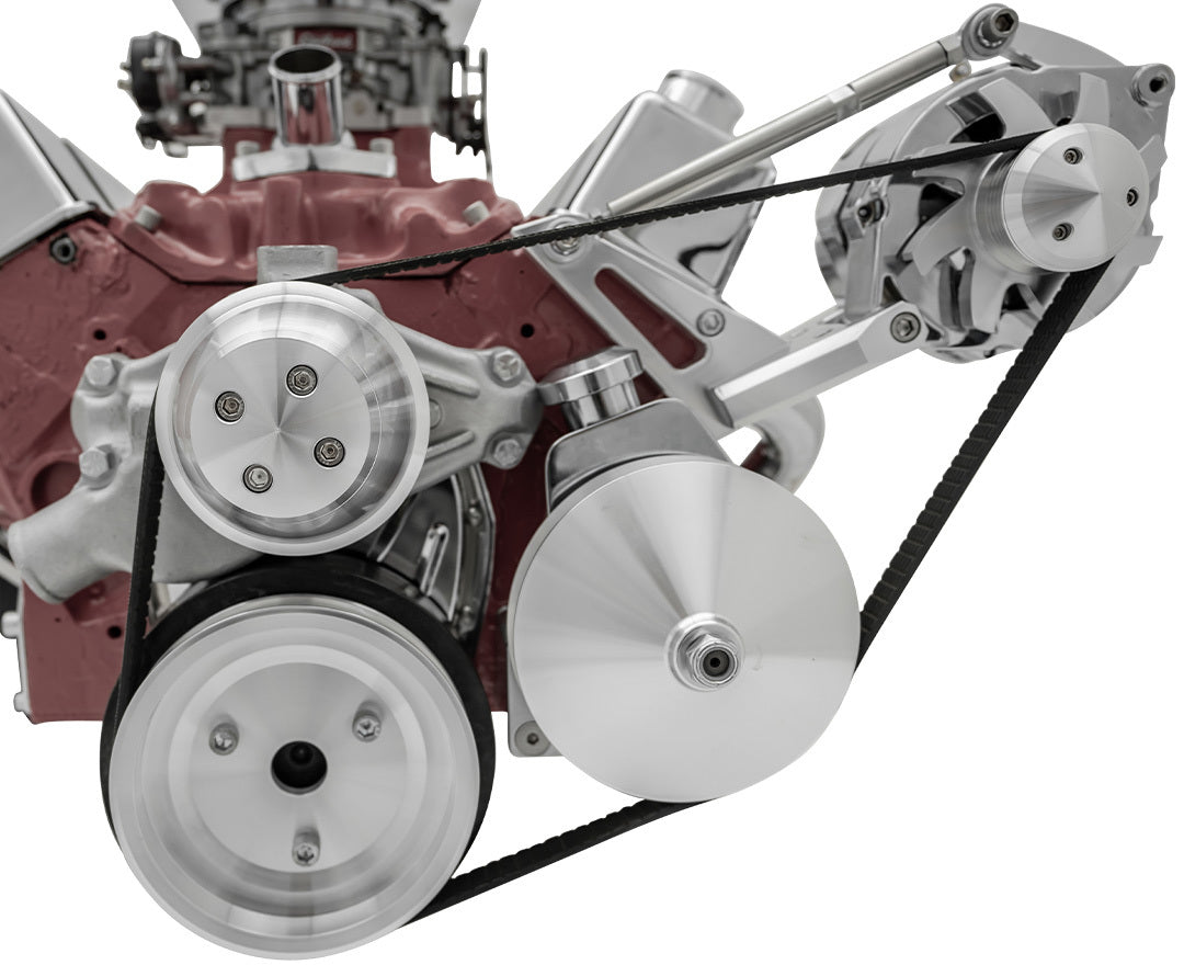 March Performance BBC Outward Mount Serpentine Pulley Kit for Big Block Chevy, Aluminum, 6-Rib, High Water Flow, Clear Powder Coat