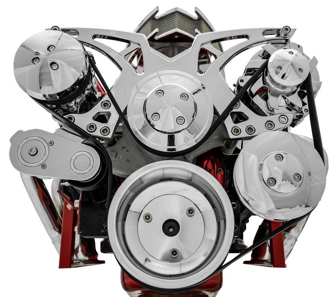 March Performance SBC Style Track Serpentine System with Power Steering Chrome Pulley Kit, 6-Rib, Aluminum
