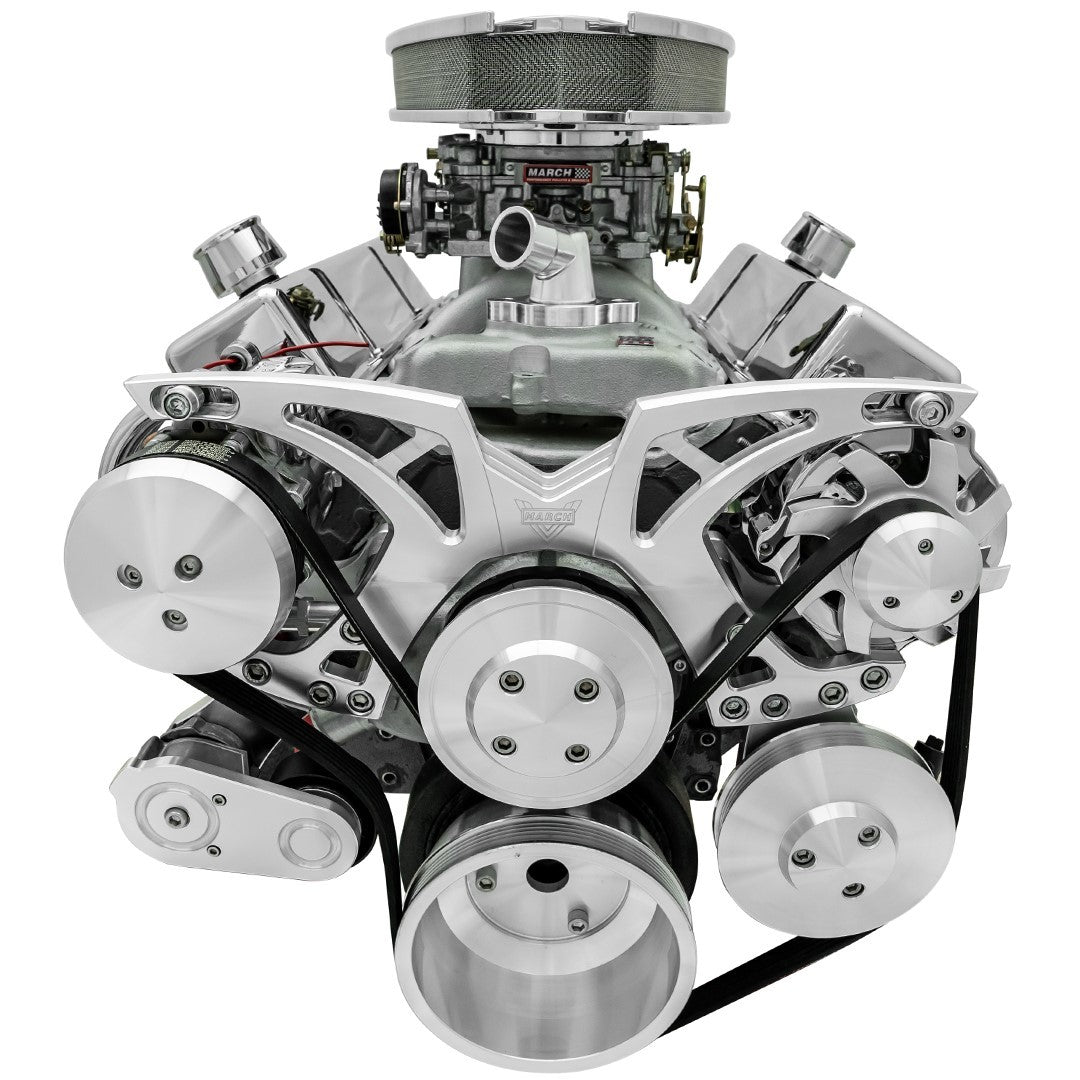 March Performance BBC Style Track Pulley Set Alt A/C with Power Steering for Big Block Chevy, 6-Rib Serpentine Aluminum, Clear Powder Coat, Short Water Pump