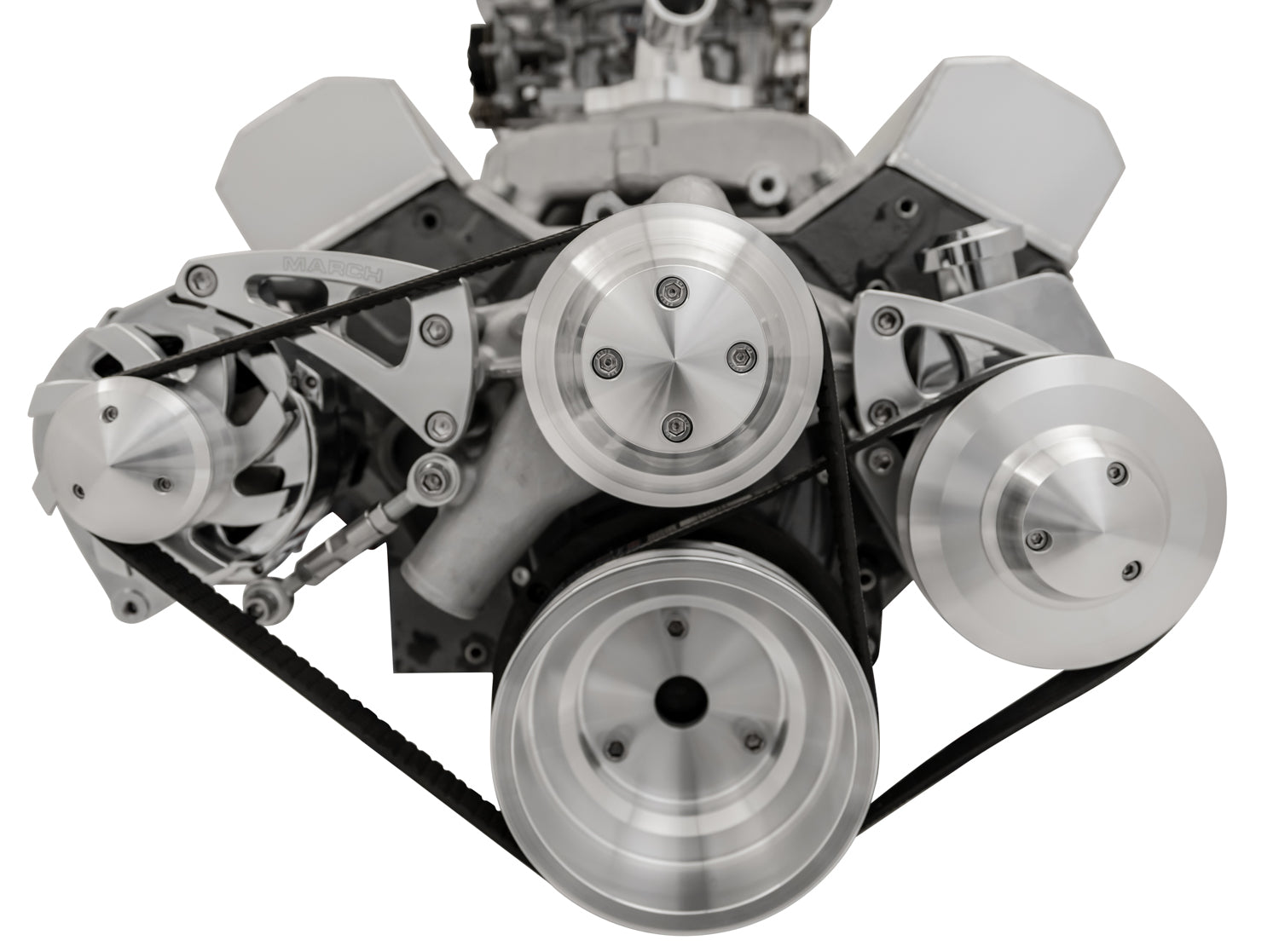 March Performance SBC Ultra Conversion Kit Mid-Mount Pulley Set for Small Block Chevy, 6-Rib Serpentine, Aluminum with Clear Powder Coat Finish