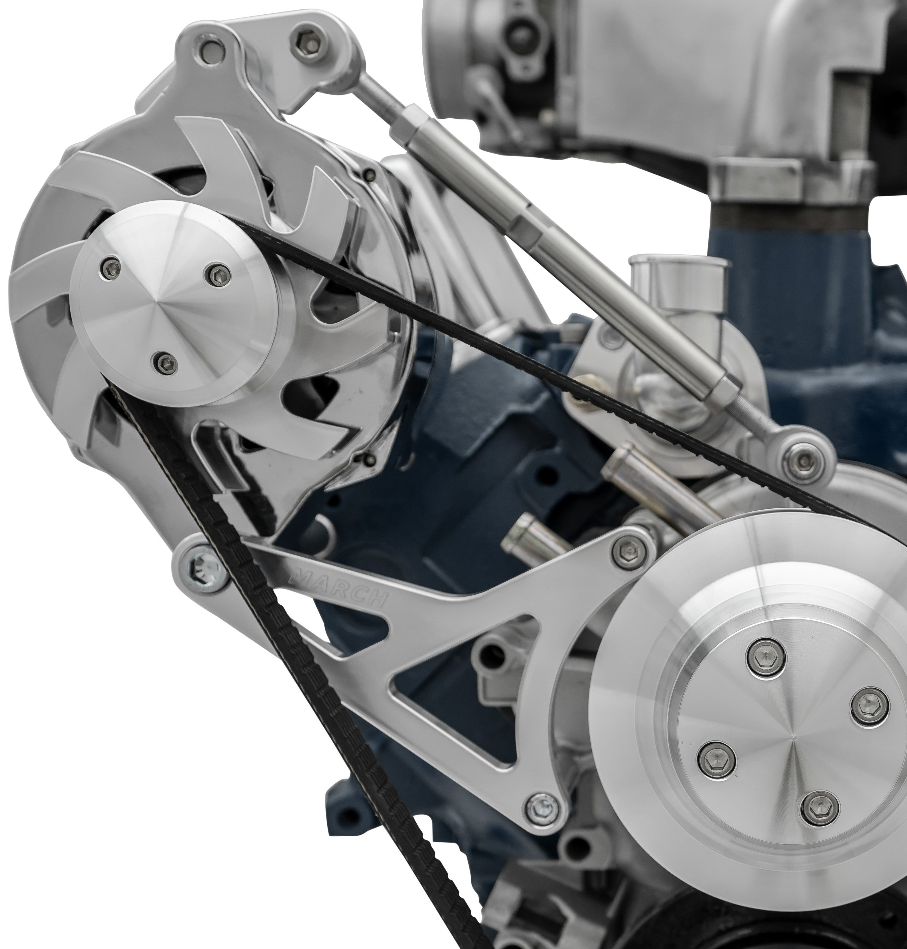 March Performance Ford 351 Alternator Bracket with Tensioner Passenger Side High Mount Aluminum Water Pump Mount