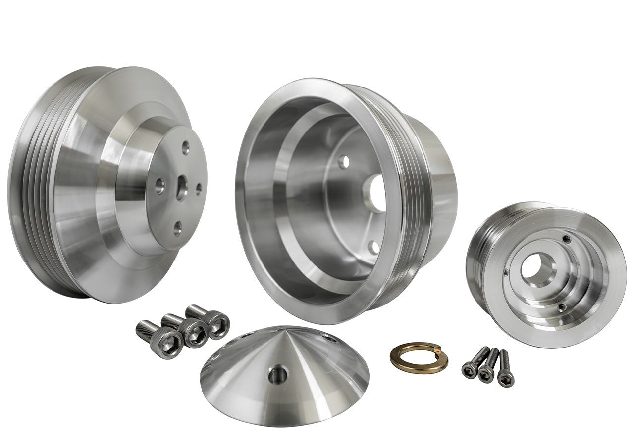 March Performance MPP6310 Serpentine Pulley Kit for Small Block Chevy with Long Water Pump, Aluminum, Clear Powder Coat, 6-Rib Drive