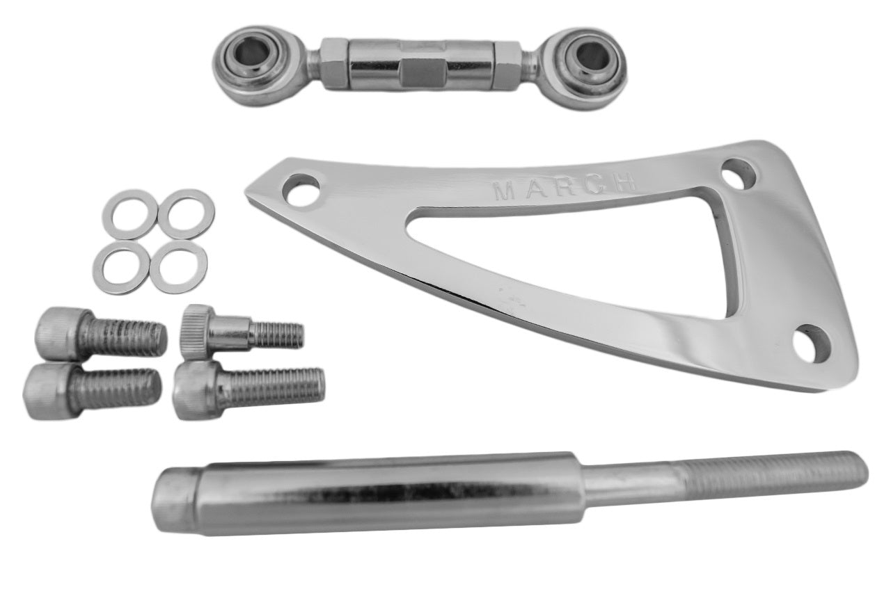 March Performance Alternator Bracket P80120-06 for Small Block Chevy with Long Water Pump, Chrome Steel Passenger Side High Mount Water Pump Mount