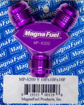 MagnaFlow Fuel Systems MP-6200 Y-Fitting with 10 AN Male Inlet and Dual 10 AN Male Outlets, Aluminum, Purple Anodized