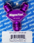 MagnaFuel MP-6208 Y-Fitting with 1/4 Inch #10AN Male Inlet and Dual 8AN Male Outlets, Aluminum, Purple Anodized
