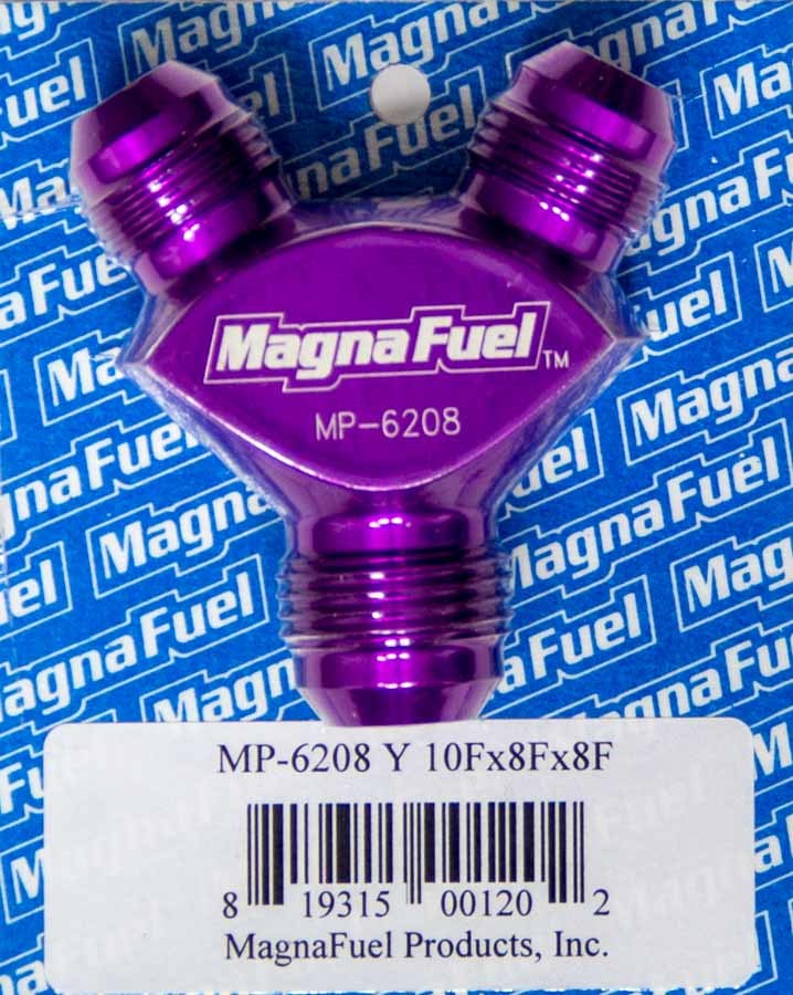 MagnaFuel MP-6208 Y-Fitting with 1/4 Inch #10AN Male Inlet and Dual 8AN Male Outlets, Aluminum, Purple Anodized