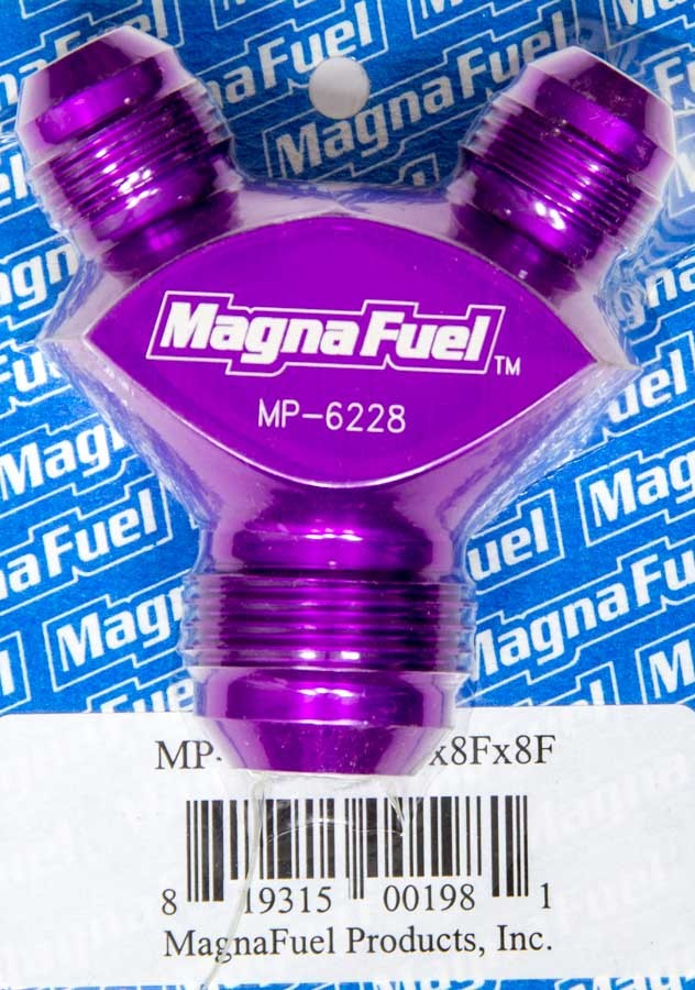 MagnaFuel MP-6228 Y Fitting with 1/2-Inch #12AN Male Inlet and Dual 8AN Male Outlets, Aluminum, Purple Anodized