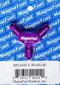 MagnaFuel MP-6244 Y-Fitting with Dual 4 AN Male Outlets and 4 AN Male Inlet, Aluminum, Purple Anodized