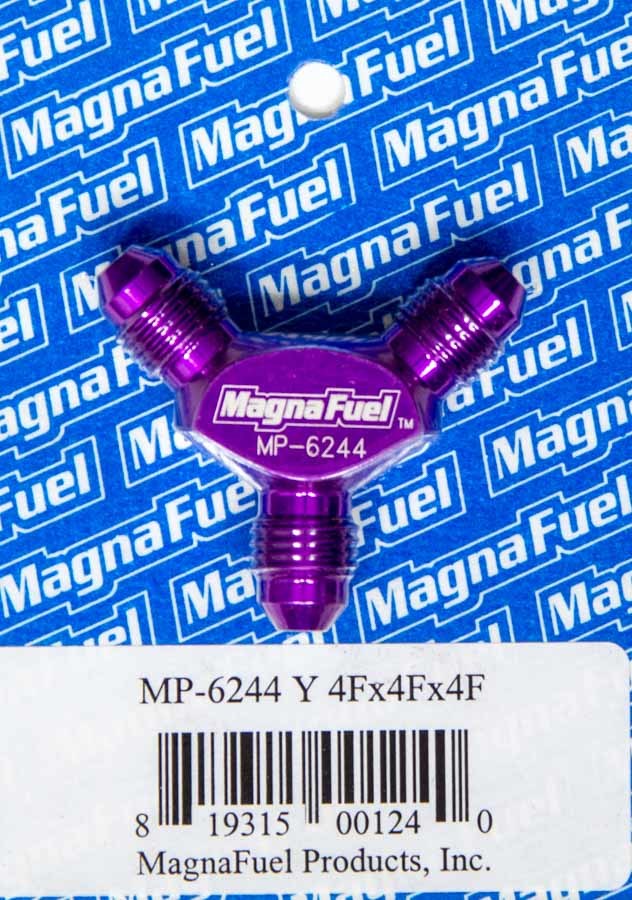 MagnaFuel MP-6244 Y-Fitting with Dual 4 AN Male Outlets and 4 AN Male Inlet, Aluminum, Purple Anodized