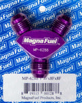 Magnafuel/ Magnaflow Fuel Systems MP-6288 Y-Fitting with 8 AN Male Inlet and Dual 8 AN Male Outlets in Aluminum Purple Anodized