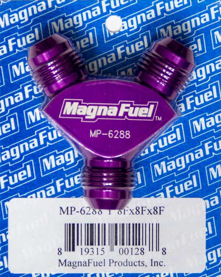 Magnafuel/ Magnaflow Fuel Systems MP-6288 Y-Fitting with 8 AN Male Inlet and Dual 8 AN Male Outlets in Aluminum Purple Anodized