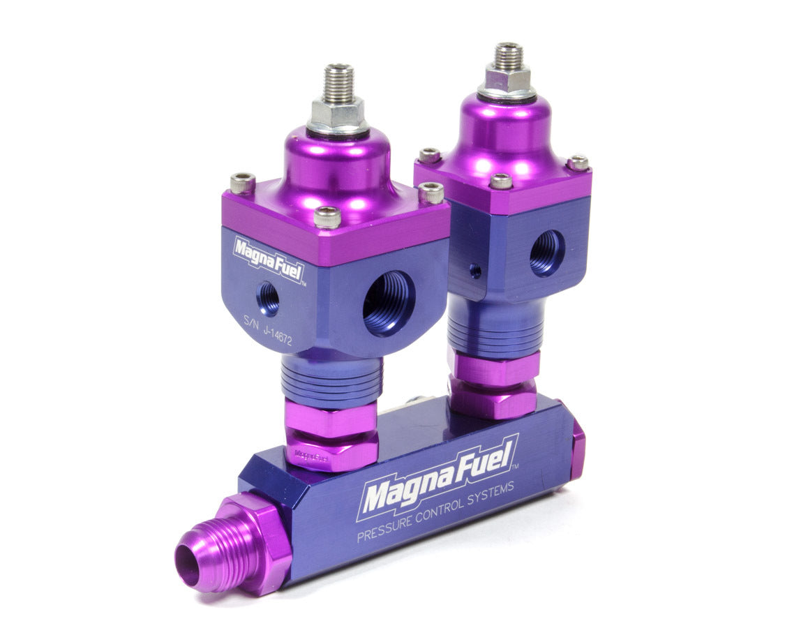 MagnusFuel MP-9550 Large 2-Port EFI Style Fuel Pressure Regulator Kit with Dual Aluminum Regulators and Fuel Block, Blue and Purple Anodized Finish