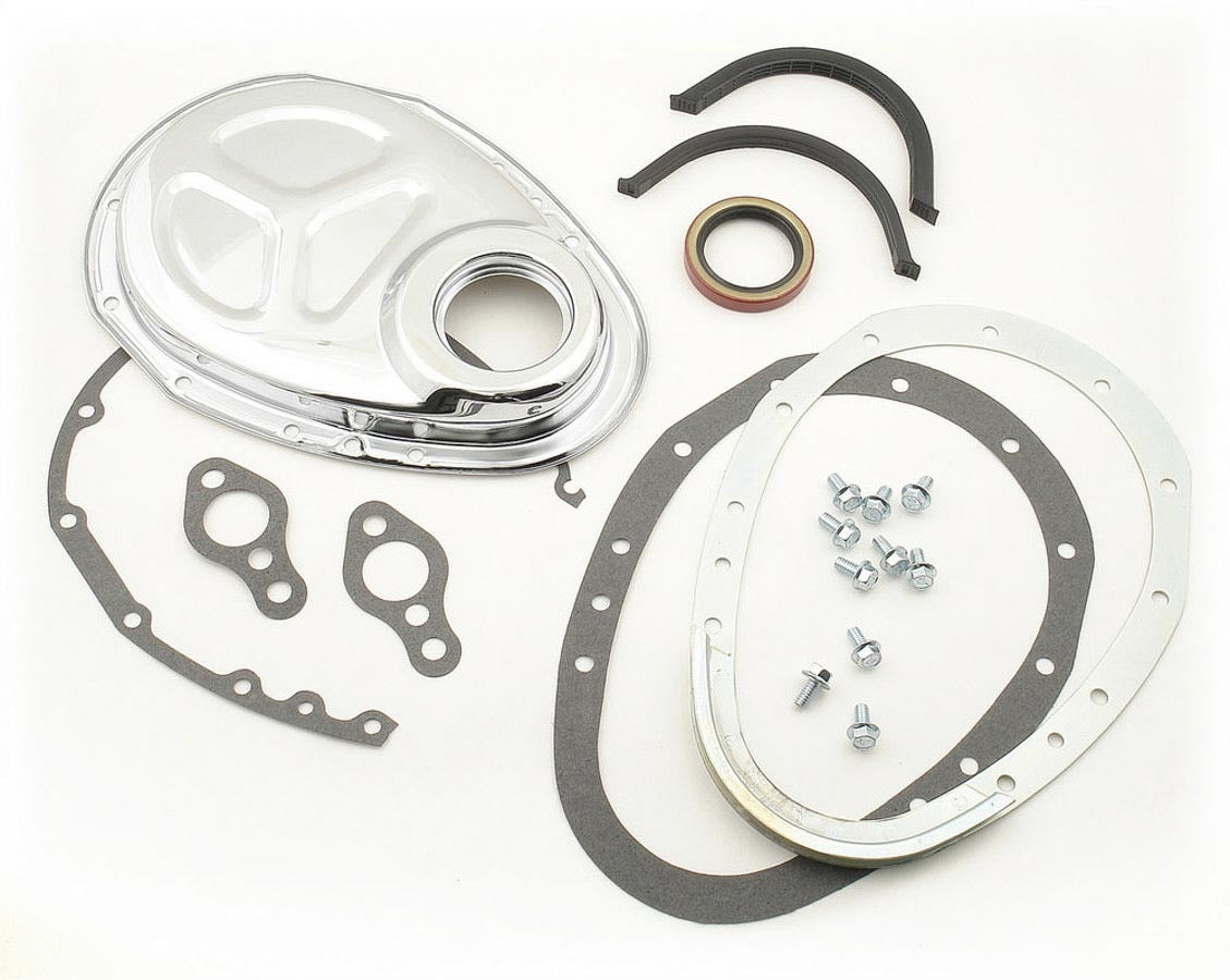 MR. GASKET Timing Cover Kit for Small Block Chevy and GM V6, Chrome Steel, 2-Piece with Gaskets, Hardware, and Seal